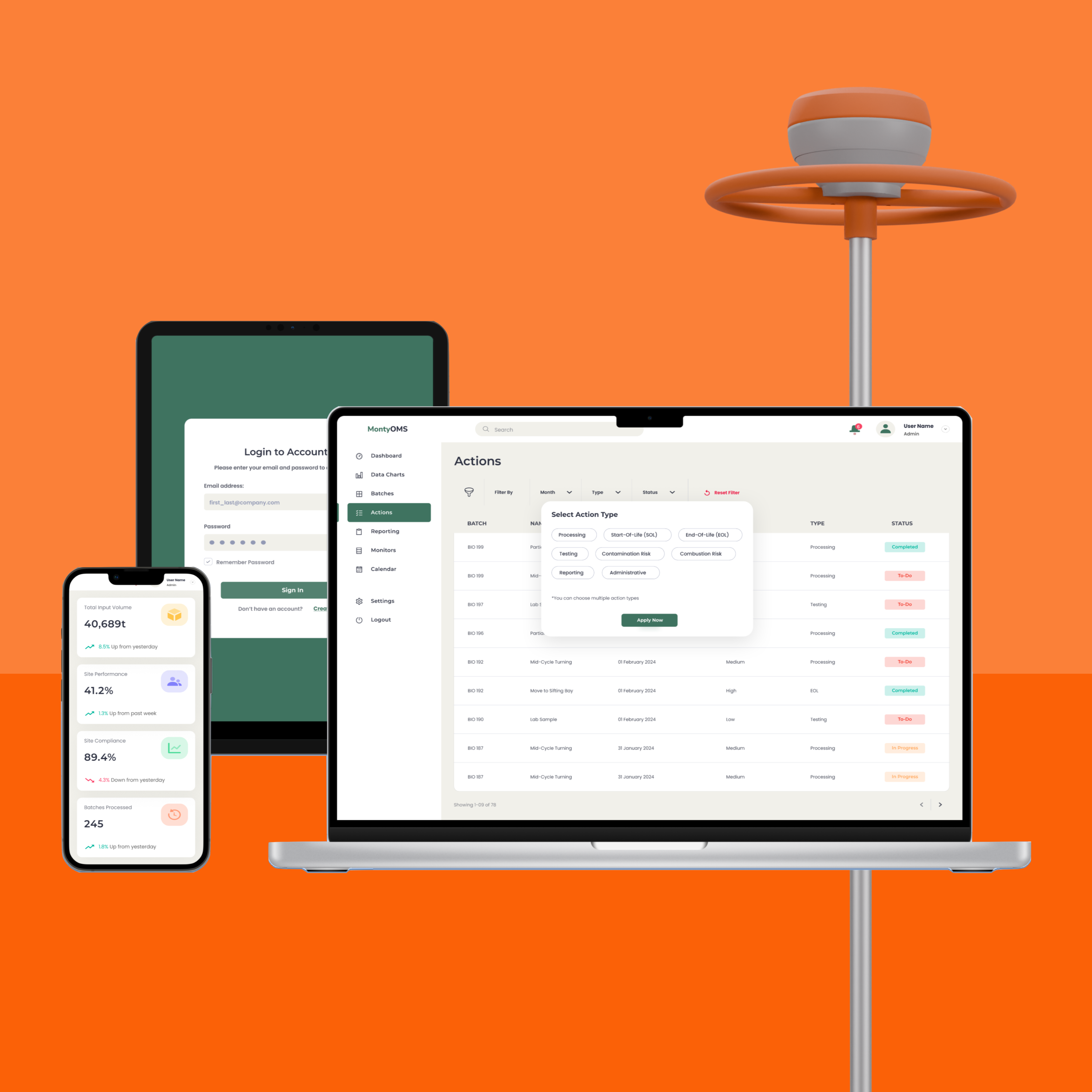 Monty Pro platform across devices - mobile, tablet, and laptop with temperature probe